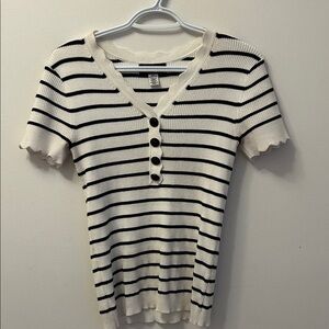 Karl Lagerfeld Cream and Black Striped Short Sleeve Top